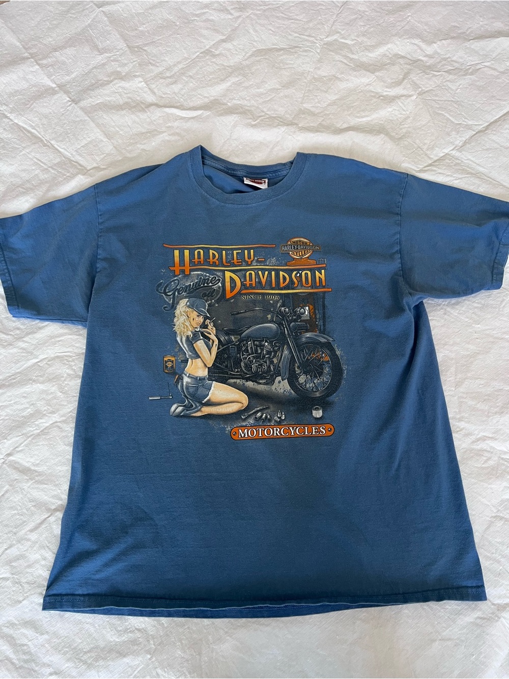 Vintage Harley Davidson Charleston SC Pin-Up Low Country T-Shirt Size Large Blue